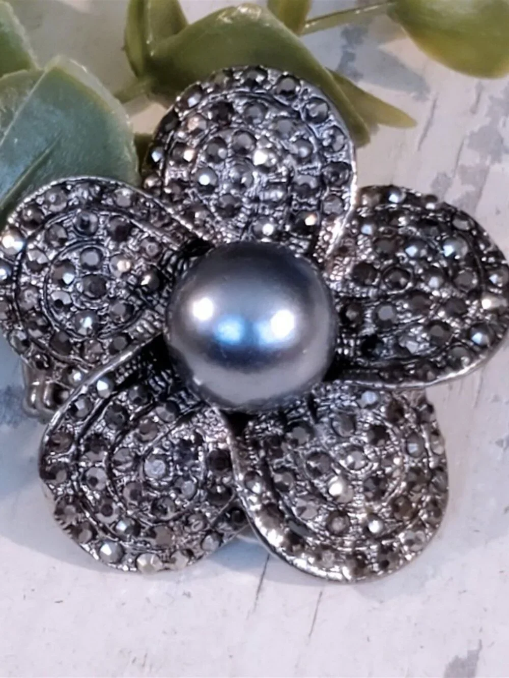 Bold Statement Gunmetal Black Gray Crystal Flower Adjustable Cocktail Ring